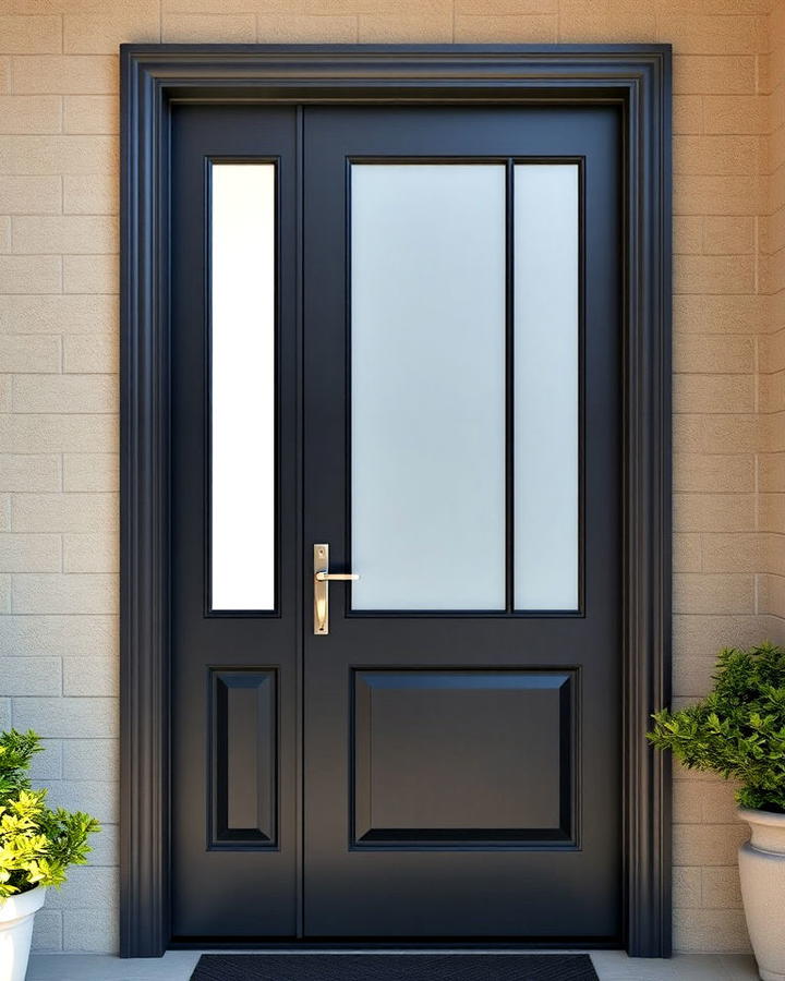 dark gray door with frosted glass panels