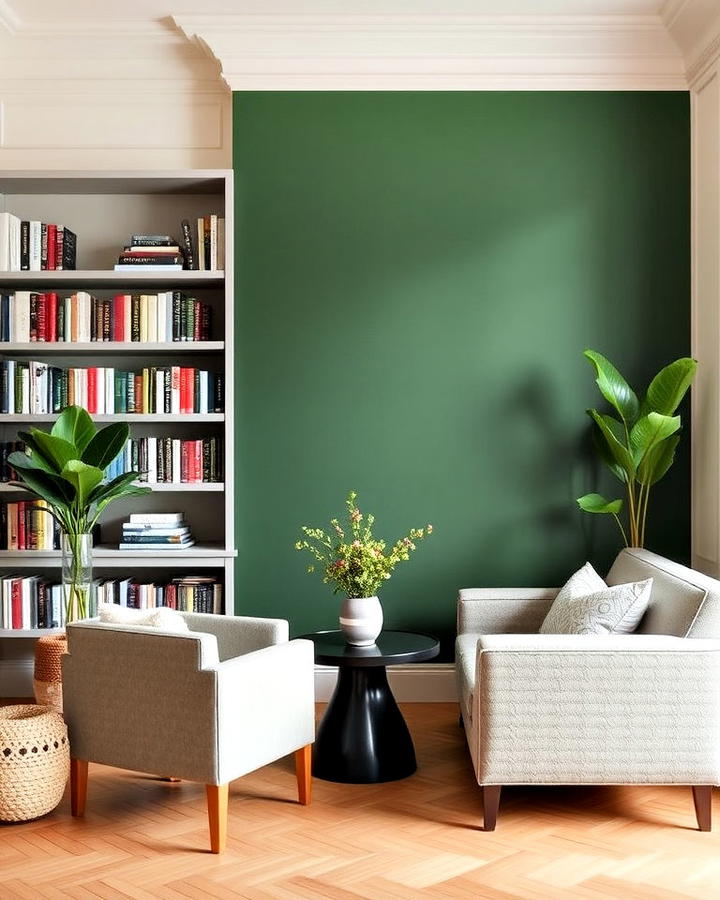 dark green accent wall library