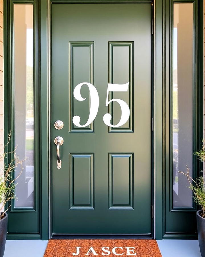 dark green door with white frosted lettering