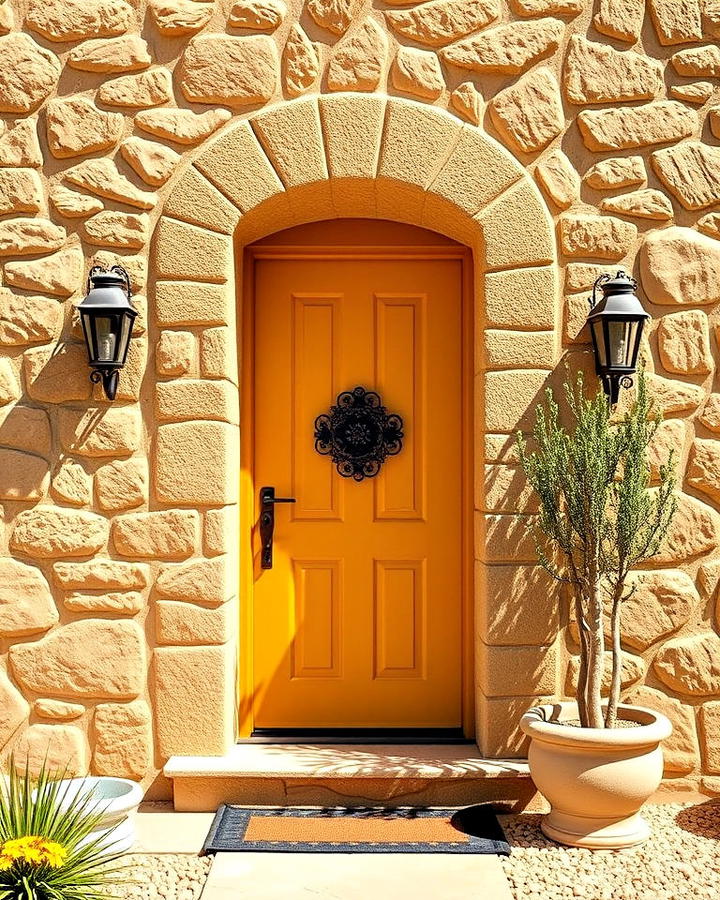 desert inspired mustard yellow door with sandstone facades