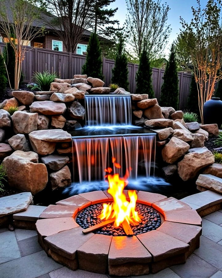 dramatic waterfall with fire feature