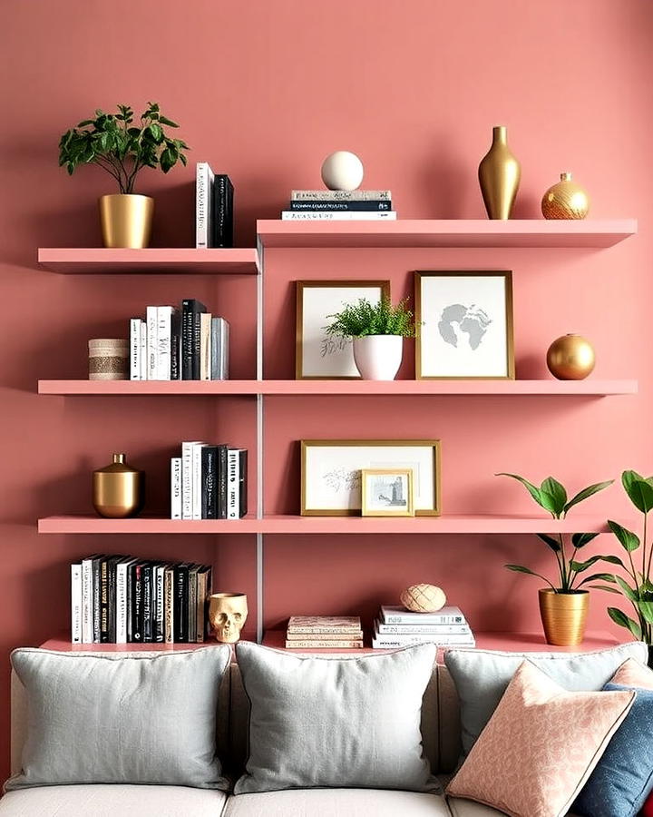 dusty rose bedroom shelving