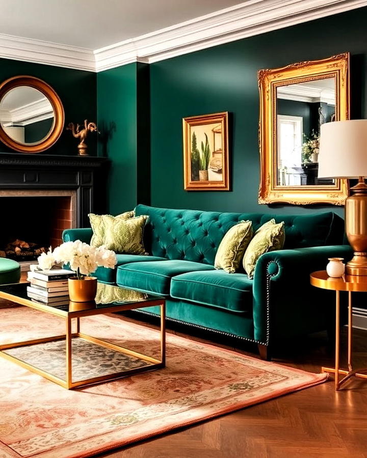 emerald green sofa with gold accents