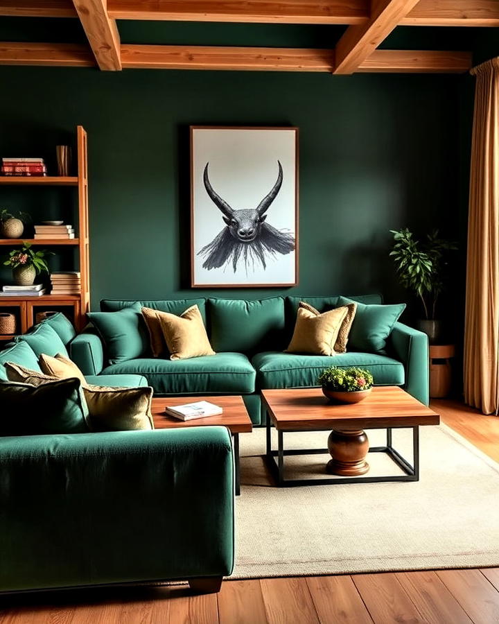 emerald green sofa with warm wood tones