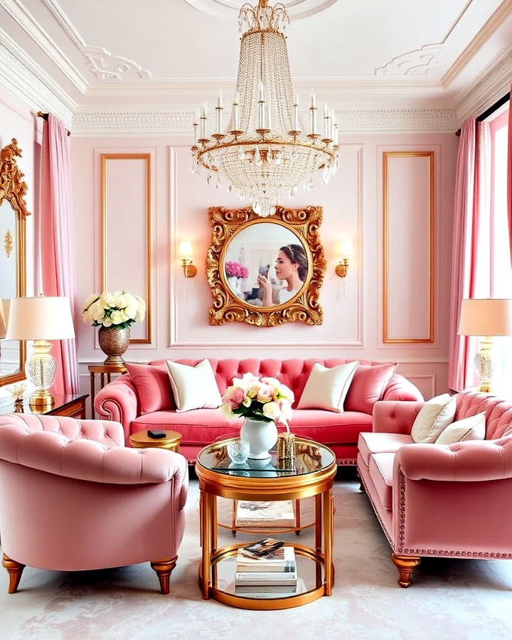 feminine glam pink couch living room with crystal chandeliers