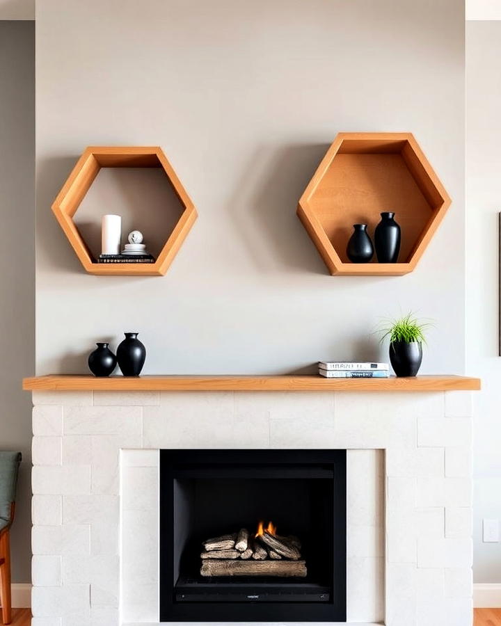 fireplace floating shelves with geometric patterns