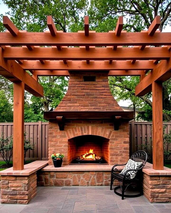 fireplace with pergola overhead