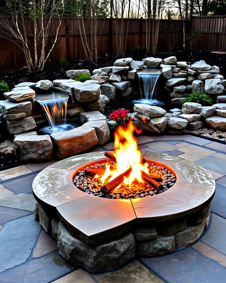 flagstone fire pit with water feature