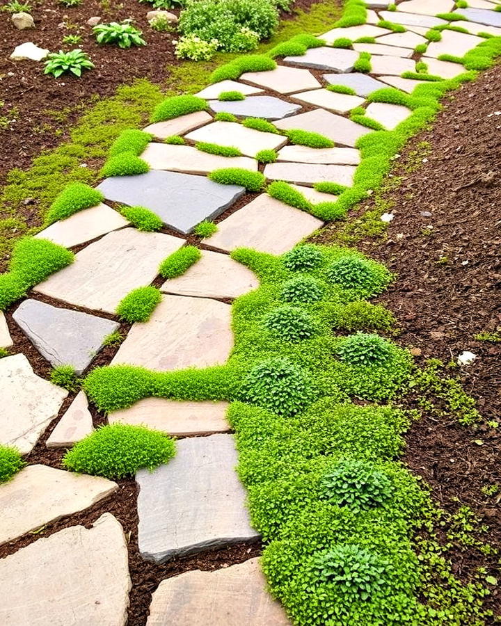 flagstone walkway with ground cover