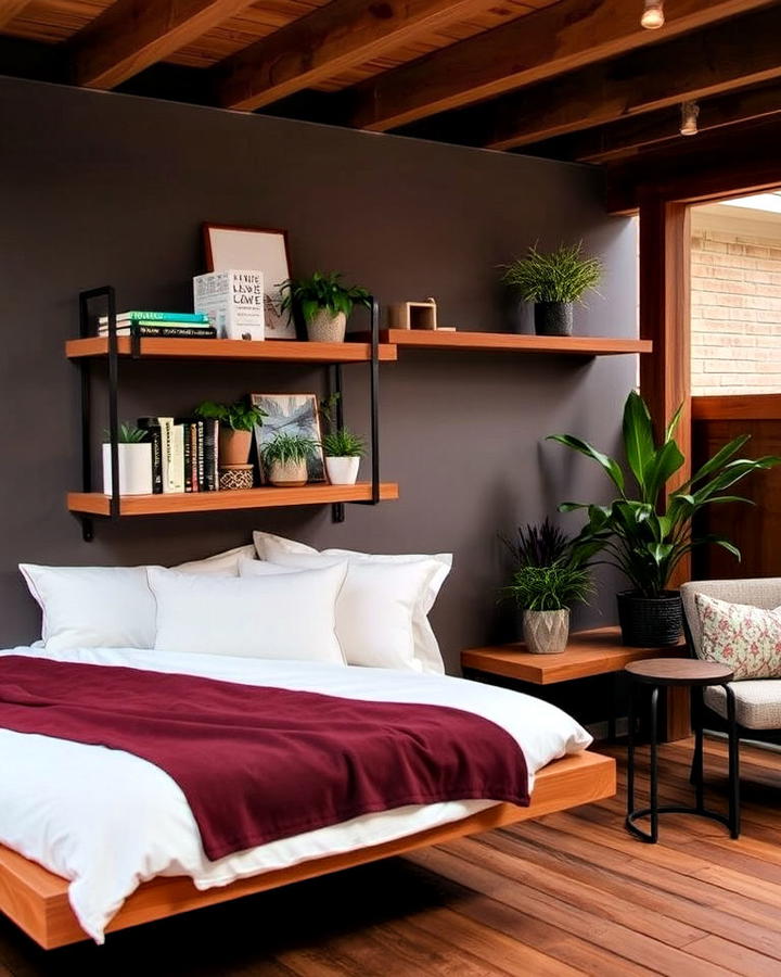 floating shelves for storage in outdoor bedroom