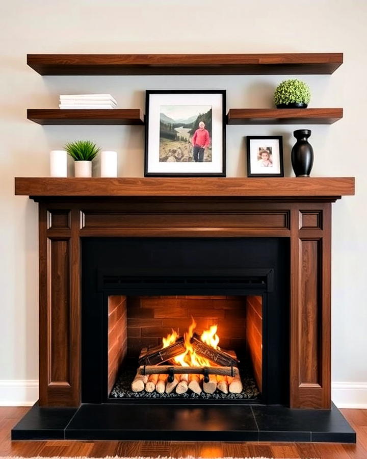 floating shelves with integrated fireplace mantel