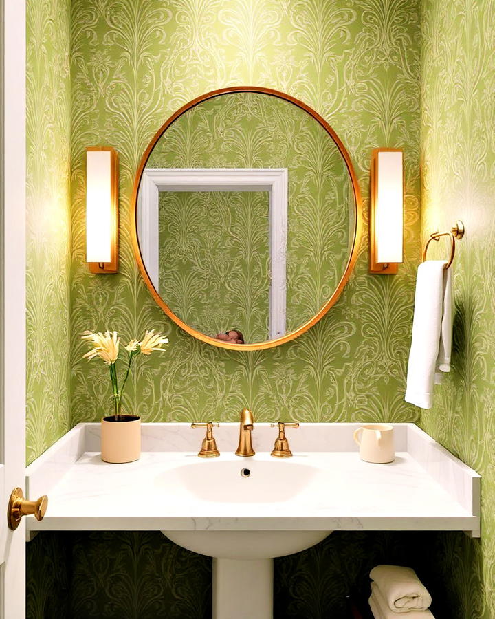 green and grey patterned wallpaper bathroom