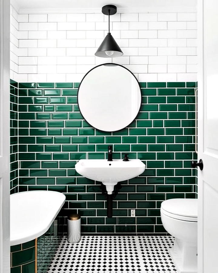 green and white tile combination bathroom