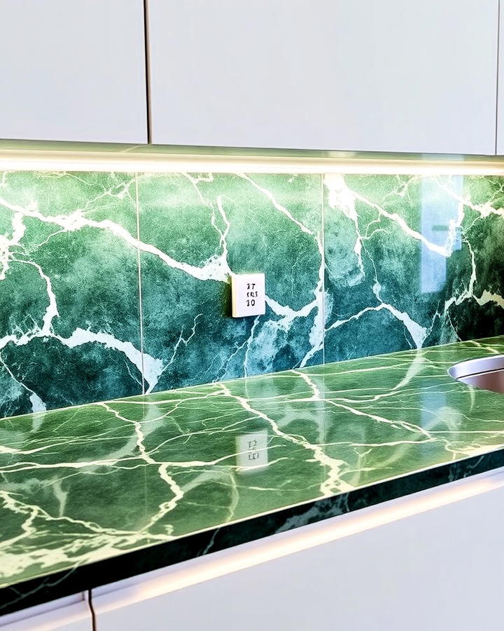 green marble backsplash and countertop combo