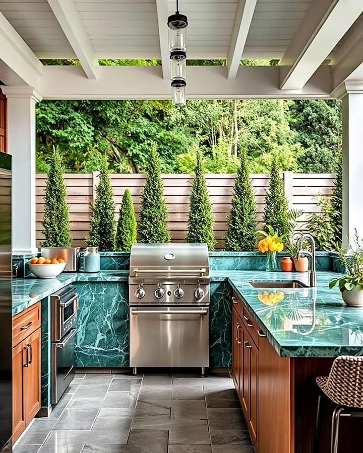 green marble countertop in outdoor kitchen