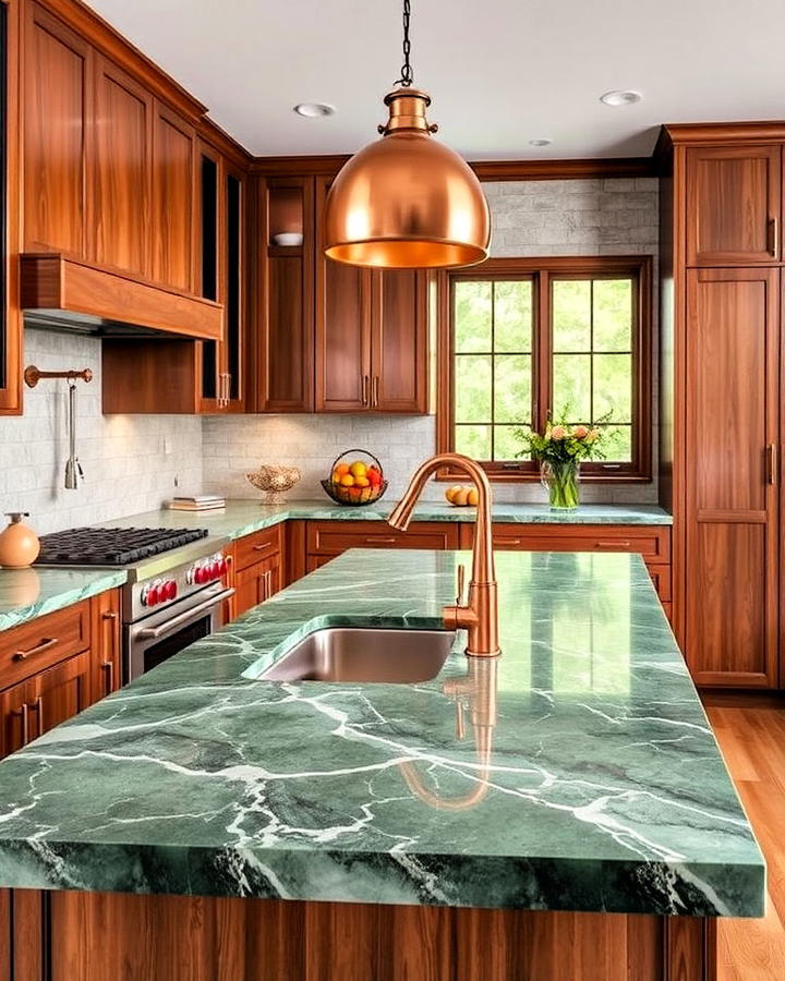 green marble countertop with copper accents