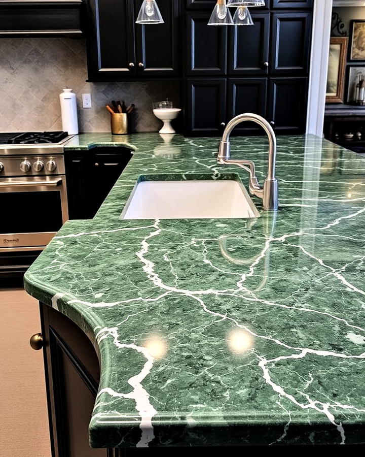 green marble kitchen countertop with contrasting edge profiles