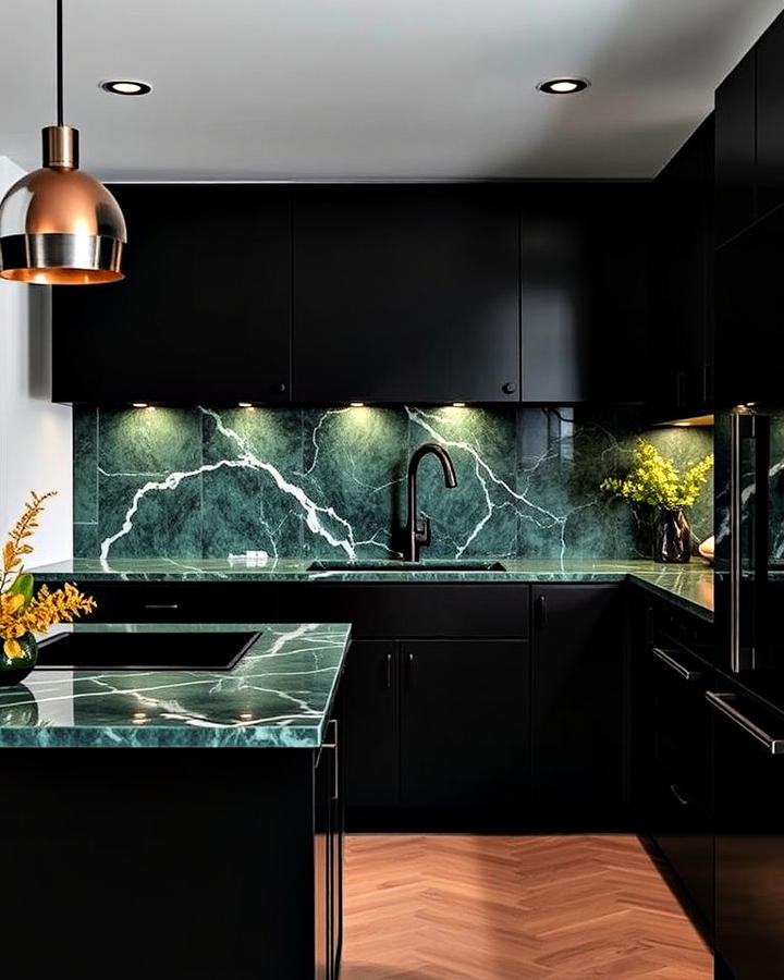 green marble kitchen with black elements