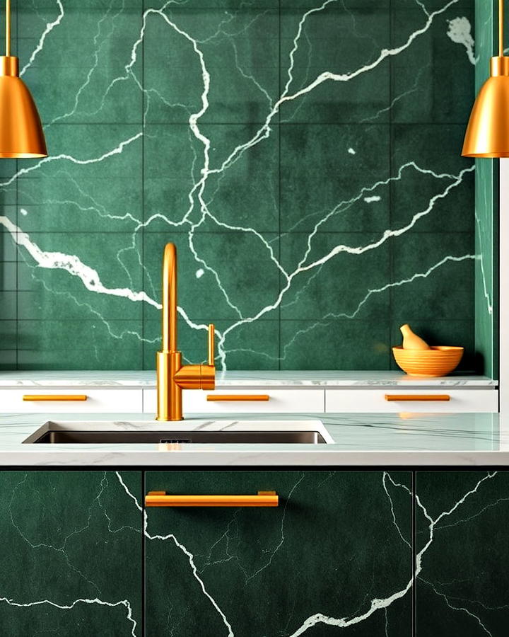 green marble kitchen with gold fixtures