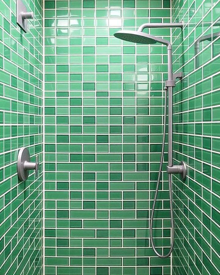 green shower tiles with grey fixtures