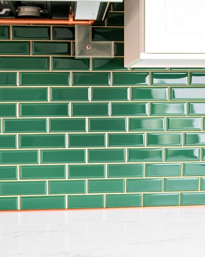 green subway tiles backsplash with copper trim