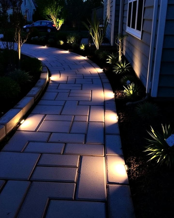 grey pavers walkway with lighting features