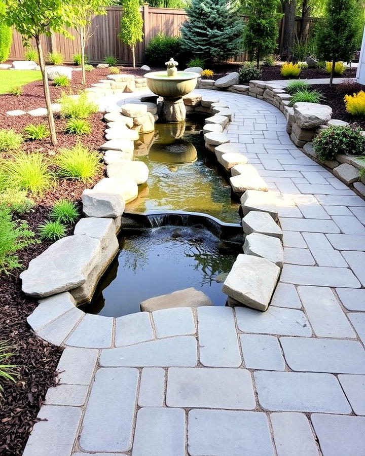 grey pavers walkway with water features