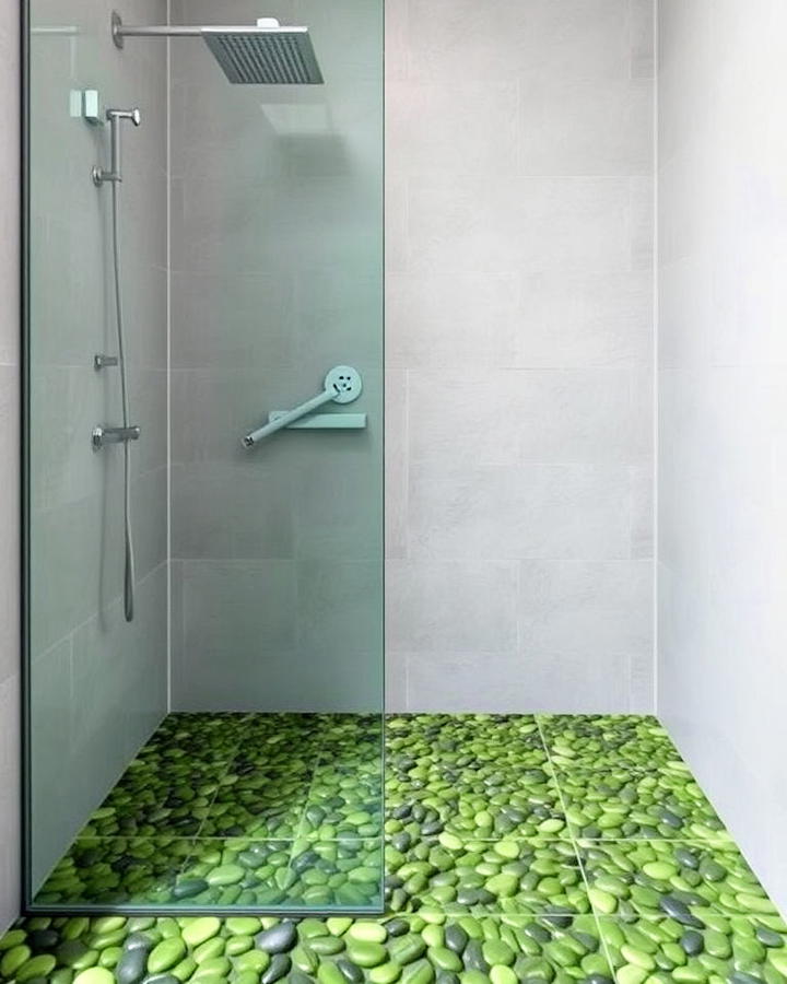 grey shower with green pebble flooring