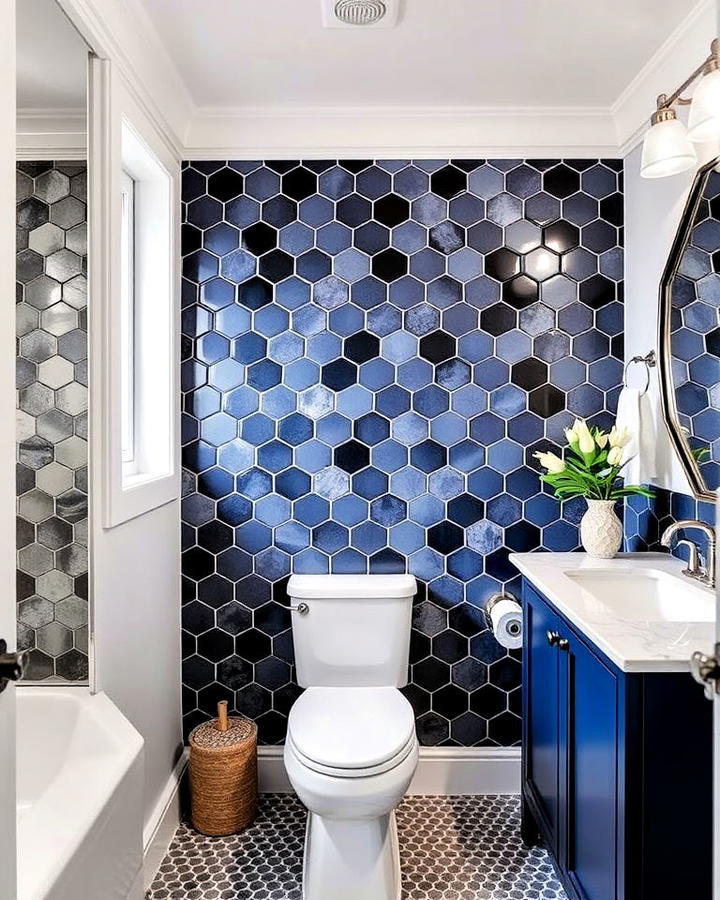 hexagon tiles bold accent wall bathroom