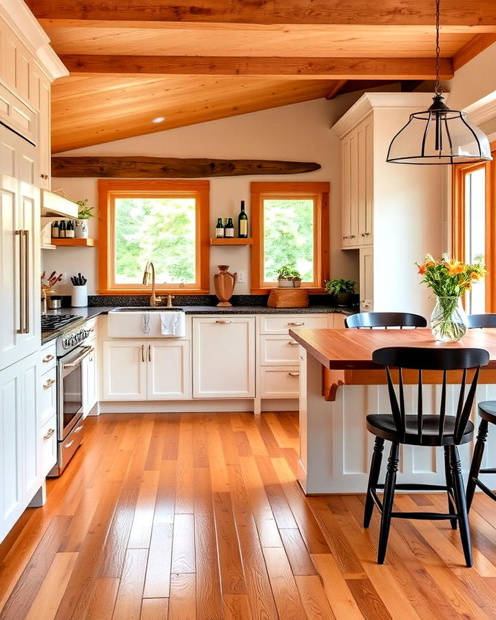 honey toned wood floor kitchen