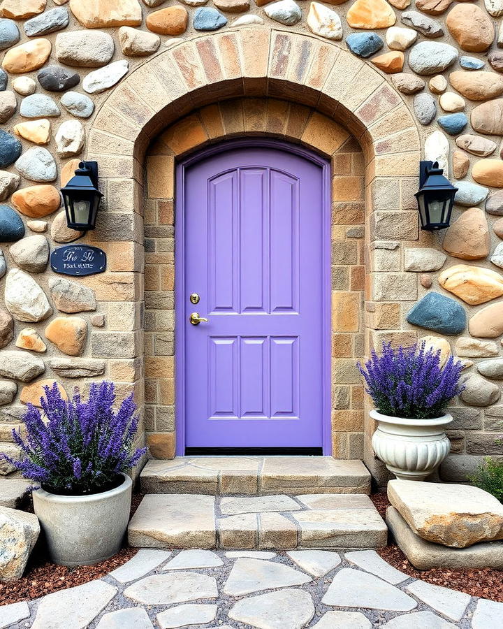 lavender door with stone surrounding