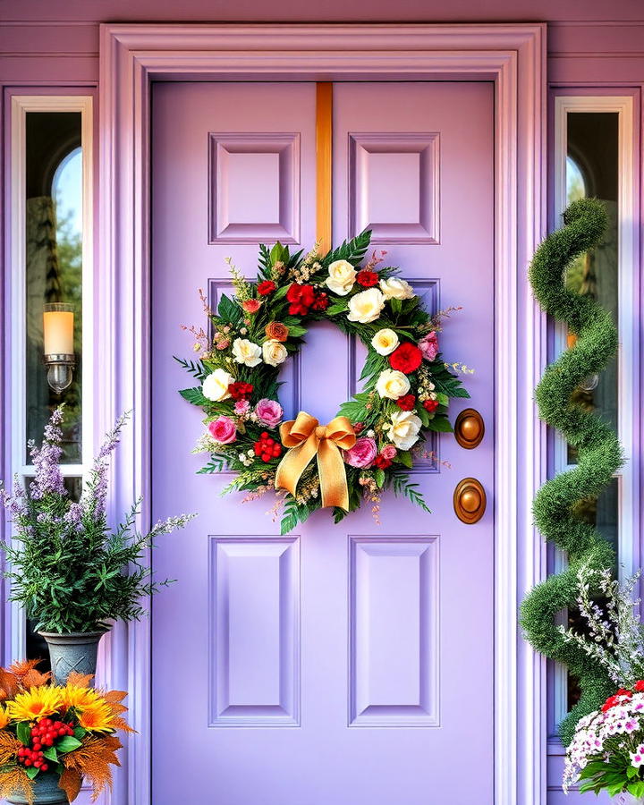 lavender front door with wreath accents