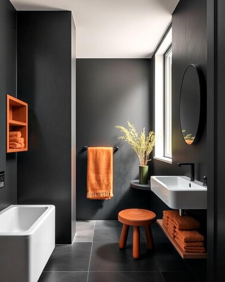 matte black walls bathroom with brown accents