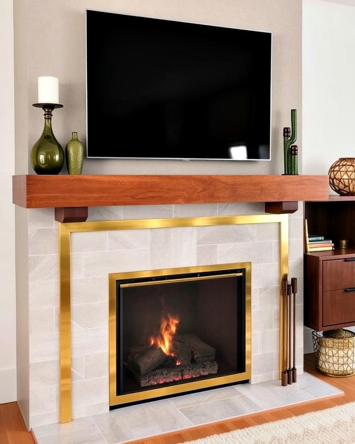 mid century modern fireplace with brass accents