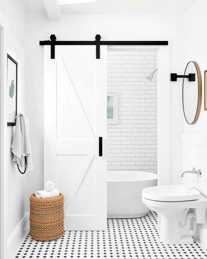 minimalist white barn door for bathroom