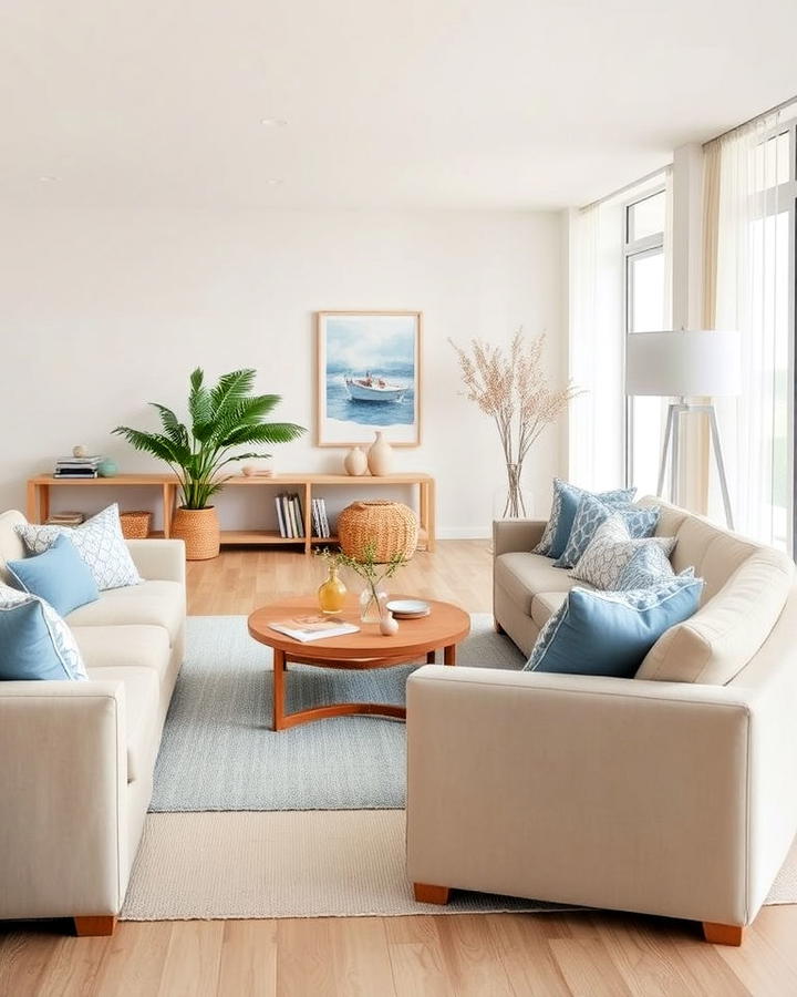 modern coastal in blue and beige living room