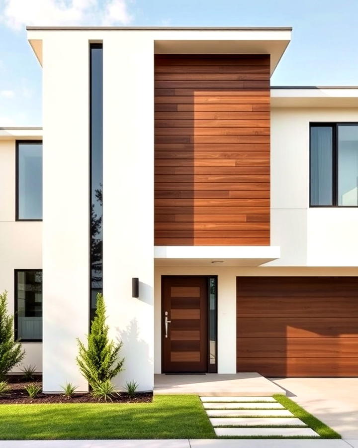 modern cream walls with horizontal brown panels exterior home