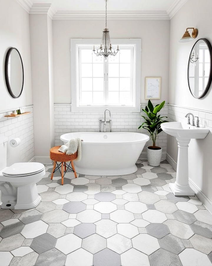 monochromatic hexagon tile floor bathroom