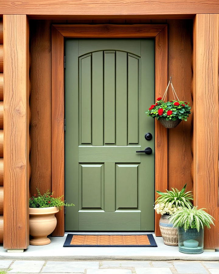 moss green door with wood surround