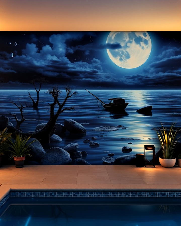 mystical moonlit lagoon mural for pool