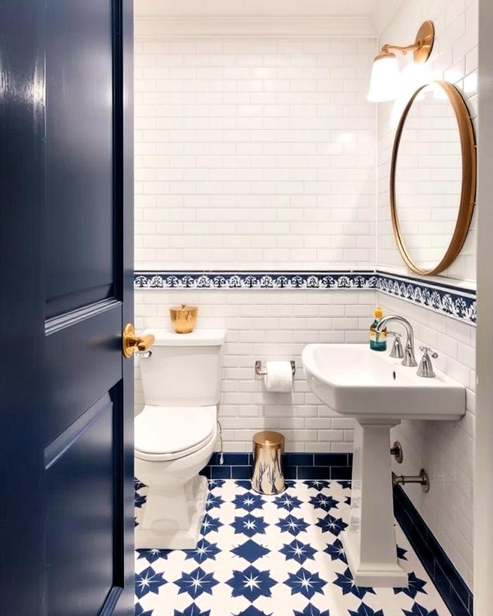 navy and white tile patterns powder room