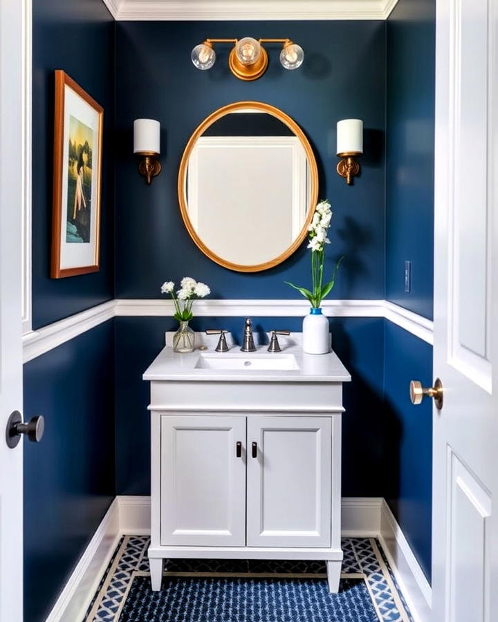 navy blue accent wall in powder room