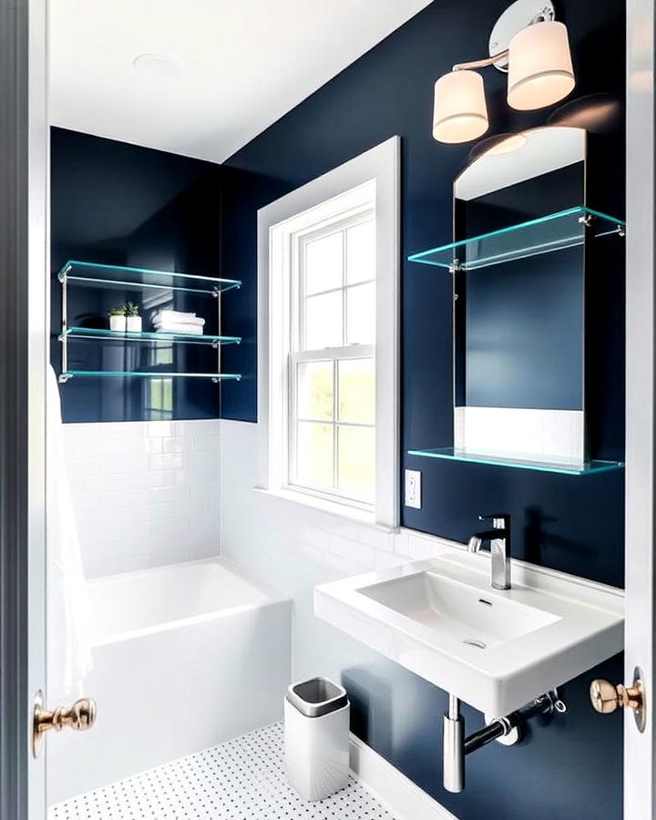 navy blue and glass elements powder room