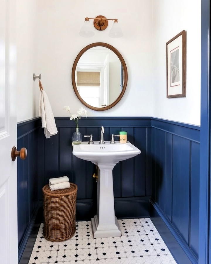 navy blue wainscoting powder room