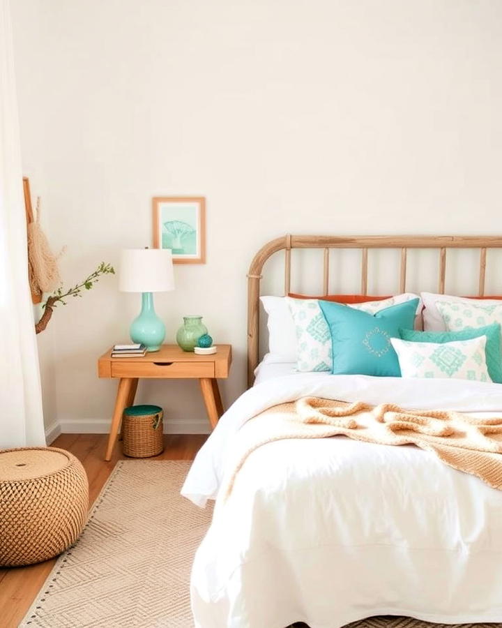 neutral palettes bedroom with pops of ocean hues