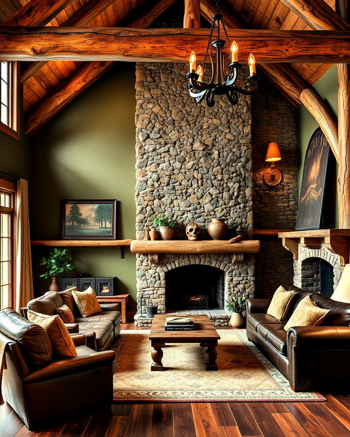 olive green accent wall in a rustic cabin
