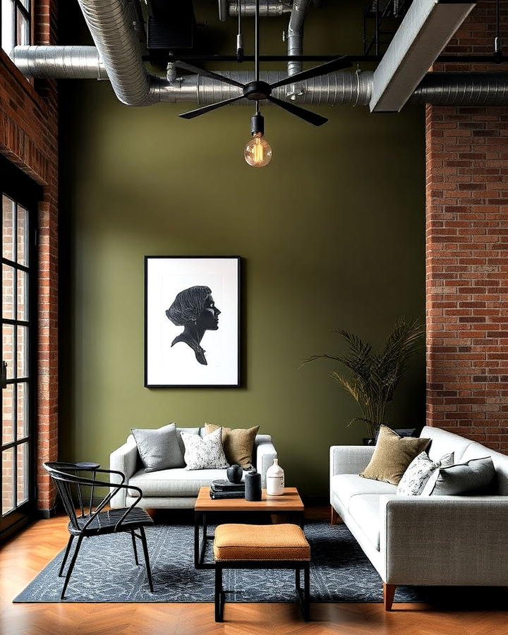 olive green accent wall with industrial style