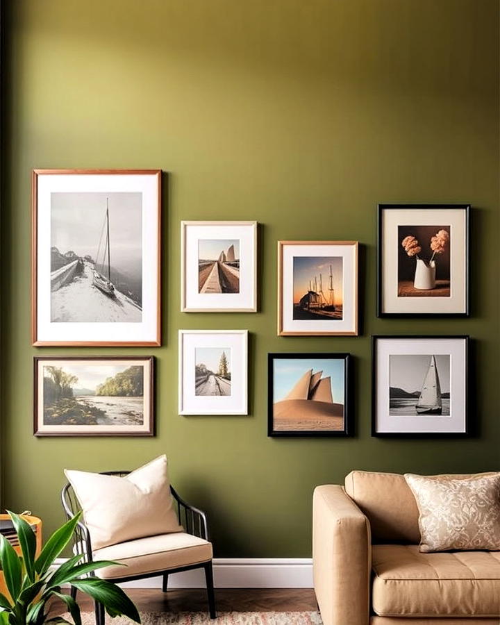 olive green feature wall with artwork