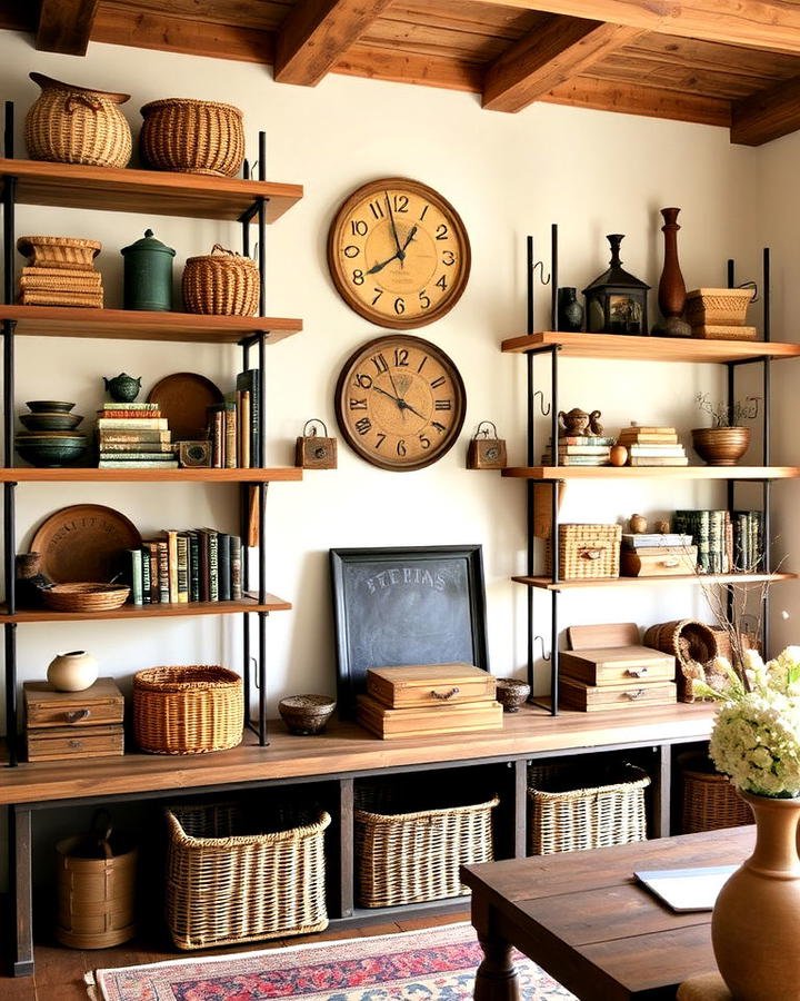 open shelving in primitive living room