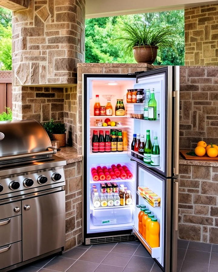 outdoor kitchen with a refrigerator